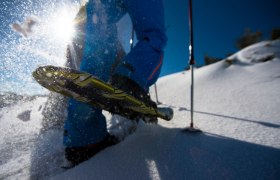 Schneeschuhwanderung, © Wiener Alpen/Claudia Ziegler Nahaufnahme eines Schneeschuhs im Schnee mit Sonnenlicht im Hintergrund.