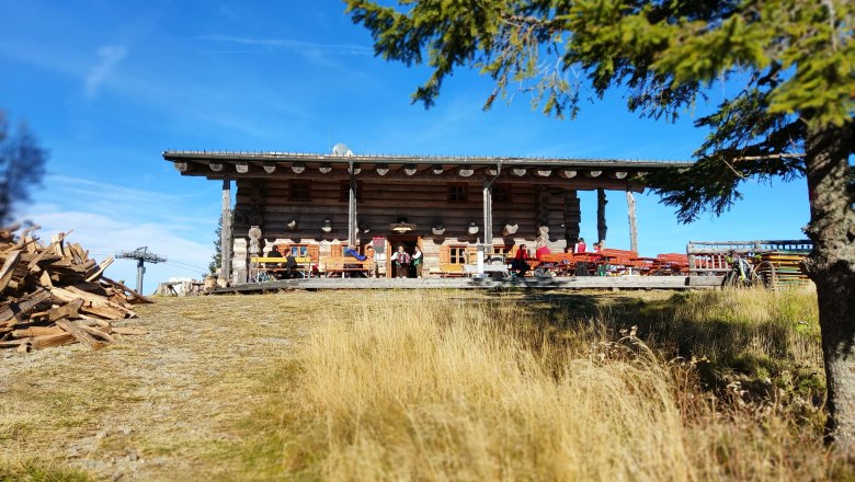 Stoa Alm, © 2021 Maxsam GmbH Holzhütte auf einer Almwiese mit blauen Himmel und Baum im Vordergrund.