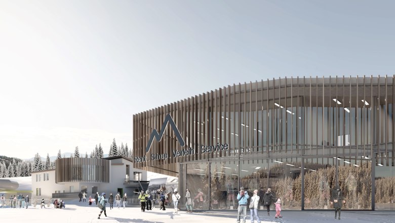 Service- und Verleihstation Mönichkirchen, © Erlebnisalm Mönichkirchen, Kraftwerkarchitektur Moderne Service- und Verleihstation in Mönichkirchen mit Holzfassade und Menschen im Schnee.