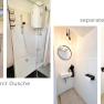 Sanitär, © Christoph Menhofer Collage von Badezimmer und separatem WC mit Dusche, Waschbecken und Toilette.
