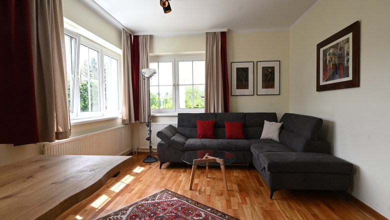 Wohnzimmer, © Christine Kuppelwieser Modernes Wohnzimmer mit grauem Sofa, Holztisch, Teppich und großen Fenstern.