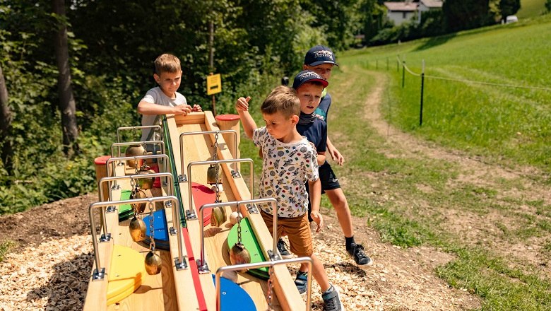 Kugelbahnweg, © Wexl Arena St. Corona am Wechsel Kinder spielen an einer Kugelbahn im Freien.