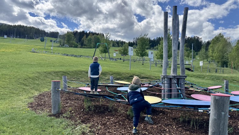 Ferienwohnung Koglhof, © Andrea Tauchner/Koglhof Zwei Kinder spielen auf einem Klettergerüst in einer grünen Landschaft mit Bäumen und Wolken am Himmel.