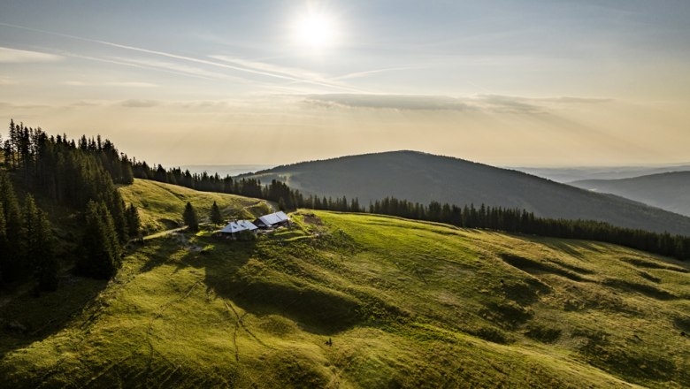 Landschaft mit grünen Hügeln, Wald und einem Gebäude unter der Sonne.