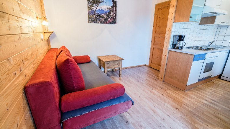 Wohnzimmer mit rotem Sofa, Holzwänden und kleiner Küche.