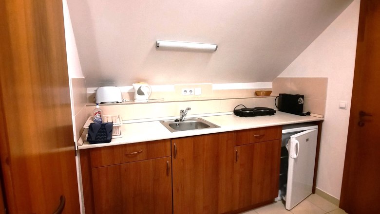 Kleine Küchenzeile mit Holzschränken, Spüle, Toaster, Wasserkocher und Mini-Kühlschrank unter einer Dachschräge.