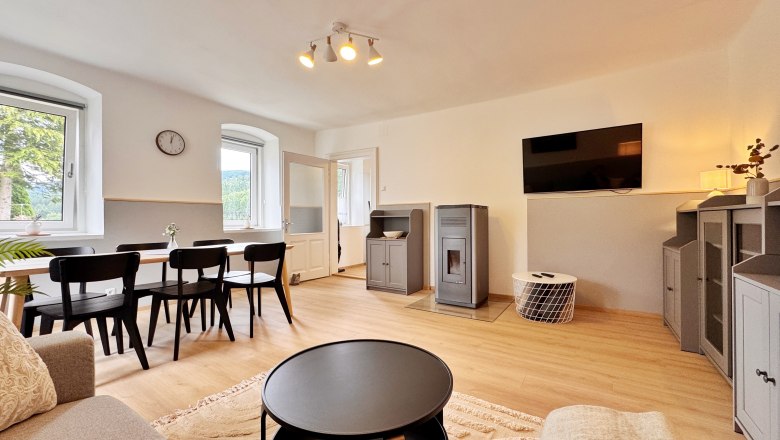 Moderner Wohn-Essbereich mit Esstisch, St&uuml;hlen, Sofa, Fernseher und Kamin.