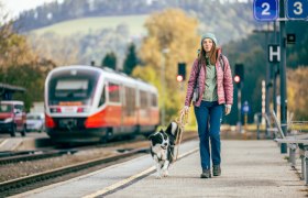 Frau mit Hund am Bahnhof Aspang, Zug im Hintergrund.
