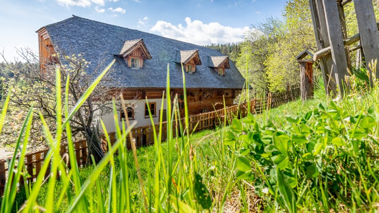 Traditionelles Haus mit Holzzaun umgeben von B&auml;umen und einer gr&uuml;nen Wiese.