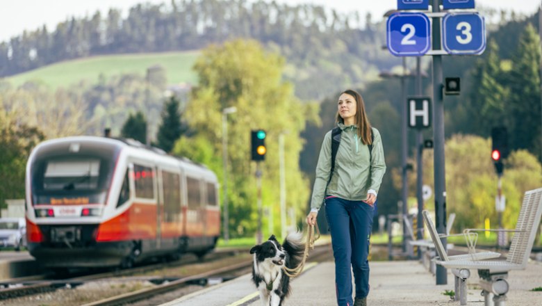 Frau mit Hund auf Bahnsteig, Zug im Hintergrund.