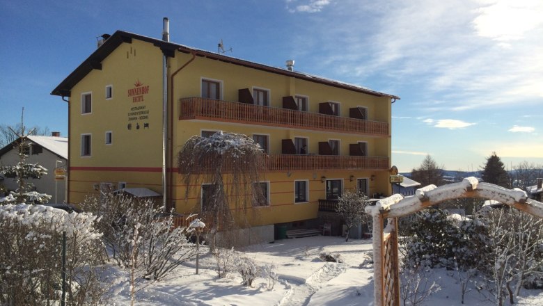 Gelbes Gebäude namens Sonnenhof im Winter mit Schnee bedeckt, blauer Himmel im Hintergrund.