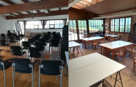 Zwei Räume mit Stühlen und Tischen, einer für Präsentationen, der andere für Gruppenarbeit.