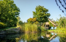 Ein Ferienhaus mit Holzfassade und begr&uuml;ntem Dach, umgeben von B&auml;umen und einem Teich mit Schilf, unter blauem Himmel.