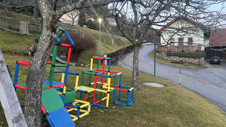 Bunte Kletterger&uuml;ste auf einer Wiese neben einer Stra&szlig;e in einer l&auml;ndlichen Gegend.