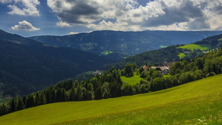 Gr&uuml;ne H&uuml;gel und W&auml;lder in einer bergigen Landschaft unter bew&ouml;lktem Himmel.