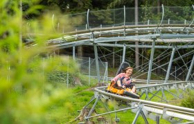 Eine Frau und ein Kind fahren lachend auf einer Sommerrodelbahn durch eine gr&uuml;ne Landschaft.