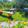 Ein Grillplatz mit Holzbänken und einem Tisch im Freien, umgeben von grüner Vegetation.