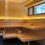 Innenansicht einer modernen Sauna mit Holzbänken und Glaswand.