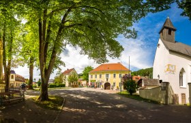 Panoramablick auf den Kirchenplatz von Feistritz mit Kirche, B&auml;umen und historischen Geb&auml;uden.