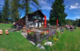 Ein Berggasthof mit Terrasse, Blumen und Liegestühlen auf einer grünen Wiese, umgeben von Bäumen und einem klaren blauen Himmel.