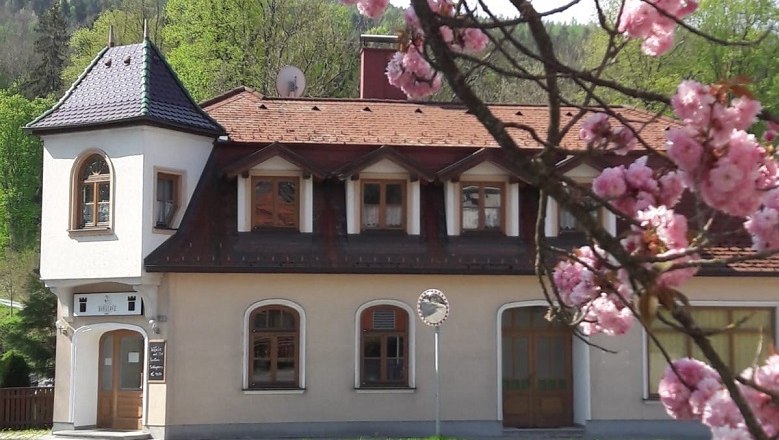 Ein zweist&ouml;ckiges Geb&auml;ude mit einem Turm und bl&uuml;henden Kirschbl&uuml;ten im Vordergrund.