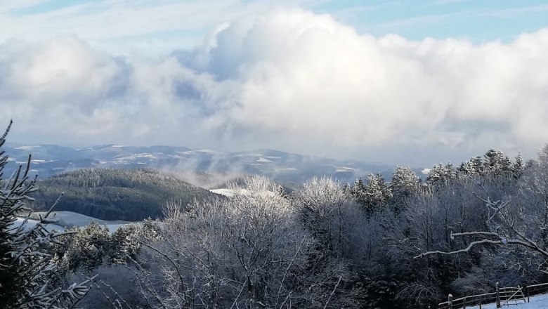 Winterlandschaft mit schneebedeckten Bäumen und Hügeln unter blauem Himmel mit Wolken.
