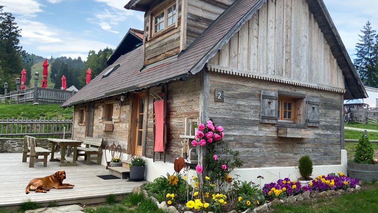 Eine rustikale Holzhütte mit Blumenbeet und einem Hund auf der Terrasse, umgeben von grüner Landschaft und roten Sonnenschirmen.