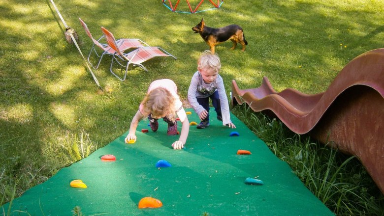 Zwei Kinder klettern auf einem Spielplatz eine grüne Kletterwand hinauf, während ein Hund im Hintergrund steht.