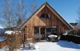 Ein Holzferienhaus im Schnee mit Gartenmöbeln und kahlen Bäumen.
