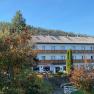 Gasthof-Pension &Ouml;denhof vor einem bewaldeten H&uuml;gel.
