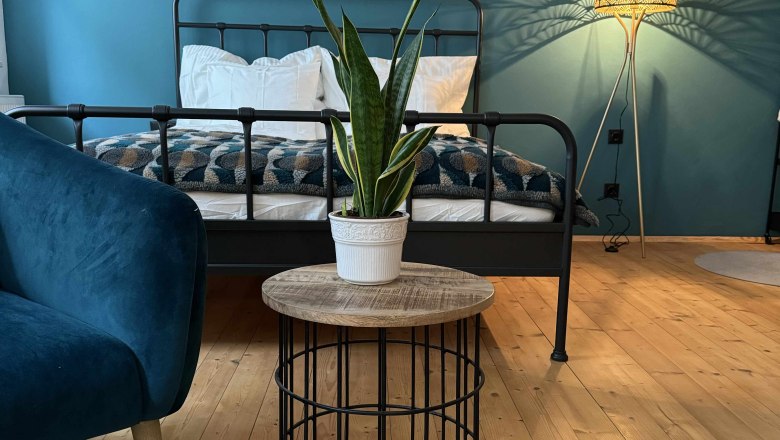 Zimmeransicht Dottore Casa, © Michael Liska Schlafzimmer mit blauem Sessel, Metallbett, Pflanze auf Tisch und Stehlampe.