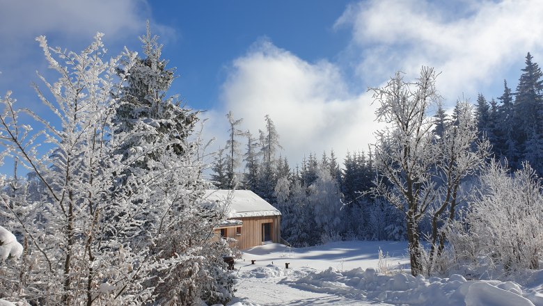 Verschneite Landschaft mit einem Holzhaus und Bäumen unter blauem Himmel.