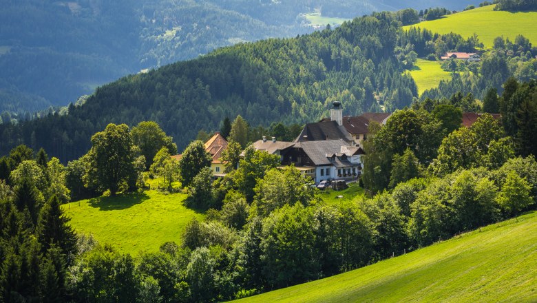L&auml;ndliche Landschaft mit H&auml;usern und gr&uuml;nen H&uuml;geln.