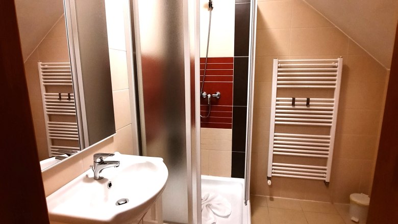 Modernes Badezimmer mit Dusche, Waschbecken und Handtuchheizk&ouml;rper.