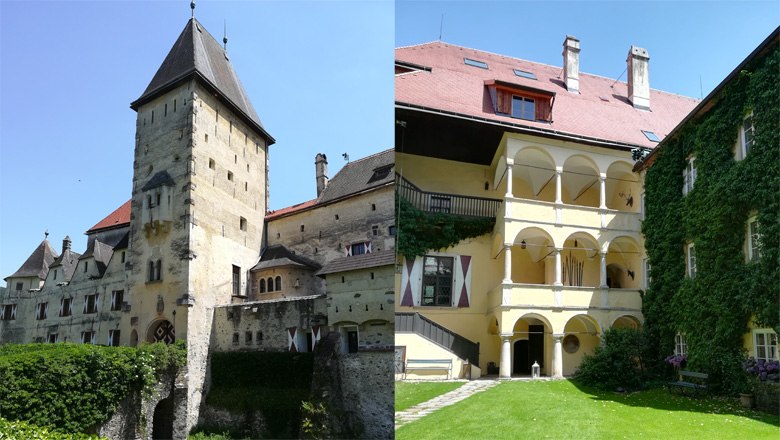 Burg Feistritz, © Wiener Alpen Zwei Ansichten von Burg Feistritz, links der Turm und rechts ein Innenhof mit Arkaden.