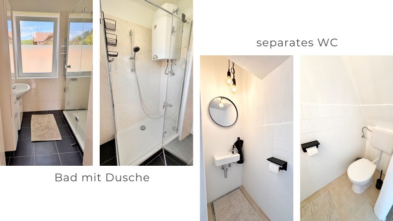 Collage von Badezimmer und separatem WC mit Dusche, Waschbecken und Toilette.