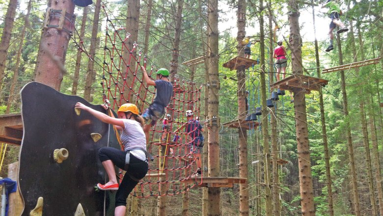 Menschen klettern in einem Waldseilgarten mit Netzen und Plattformen.