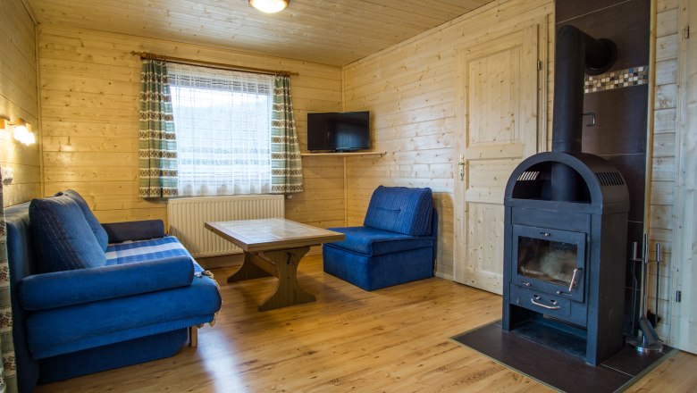 Gemütliches Wohnzimmer mit Holzwänden, blauen Sofas, Holztisch und Kaminofen.