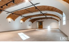 Leerer Veranstaltungsraum mit gew&ouml;lbter Ziegeldecke und Holzt&uuml;r.