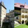 Zwei Ansichten von Burg Feistritz, links der Turm und rechts ein Innenhof mit Arkaden.