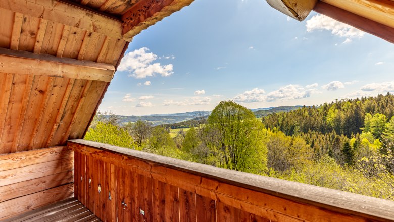 Ausblick von Holzbalkon auf gr&uuml;ne Landschaft mit H&uuml;geln, B&auml;umen und blauem Himmel.