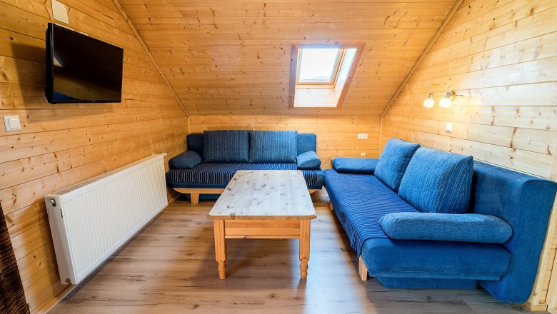 Wohnzimmer mit Holzwänden, blauen Sofas, Holztisch und Dachfenster.