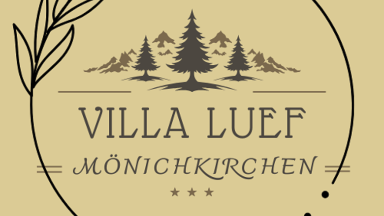Logo der Villa Luef in Mönichkirchen mit Tannenbäumen und stilisiertem Blattmotiv.