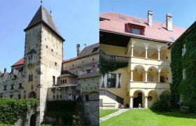 Zwei Ansichten von Burg Feistritz, links der Turm und rechts ein Innenhof mit Arkaden.