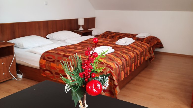 Ein gem&uuml;tliches Schlafzimmer mit zwei Betten, dekoriert mit roten Beeren in einer Vase im Vordergrund.