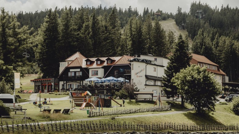 Ein Gasthaus in einer bergigen Landschaft mit Spielplatz und Wald im Hintergrund.