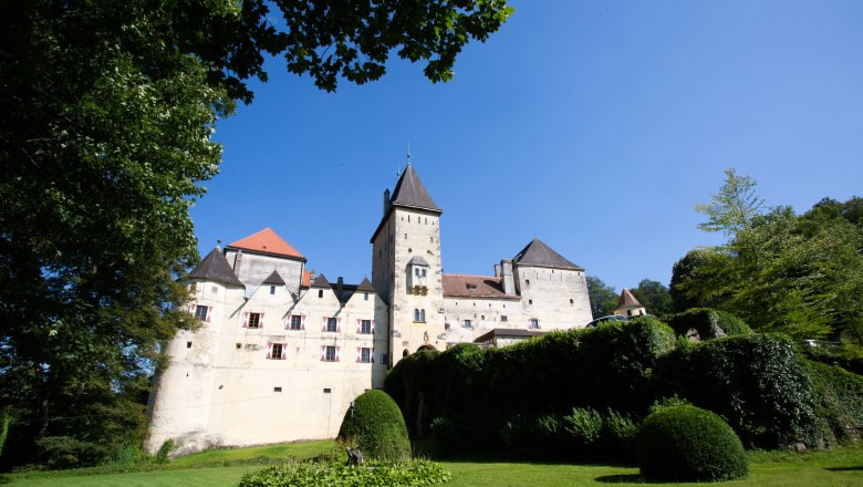 Burg Feistritz mit blauem Himmel und grüner Landschaft.