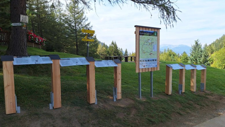 Wanderwegweiser und Informationstafeln in einer gr&uuml;nen, bergigen Landschaft.