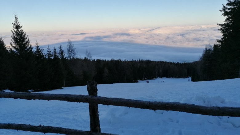 Winterlandschaft mit verschneitem Hang, Holzzaun im Vordergrund und Wolkenmeer im Hintergrund.