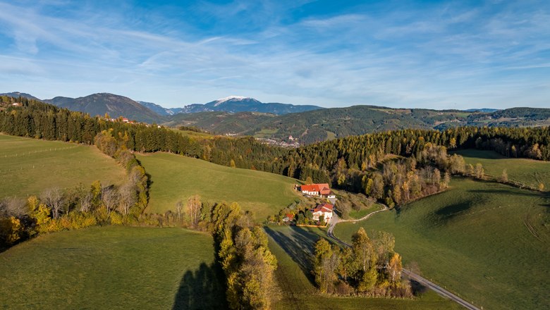 Landschaft bei St. Corona am Wechsel mit gr&uuml;nen H&uuml;geln und einem Bauernhof.